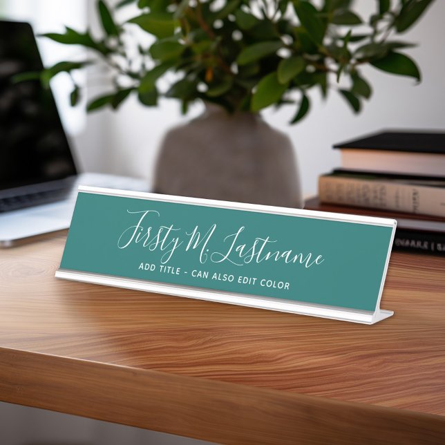 Name and Title Calligraphy - CAN EDIT teal COLOR Desk Name Plate (Personalized Desk Sign with Name and Title - Custom Executive Name Plate)