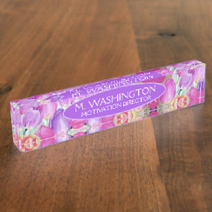 NAME and TITLE Pink Floral Watercolor Tulip Desk Name Plate