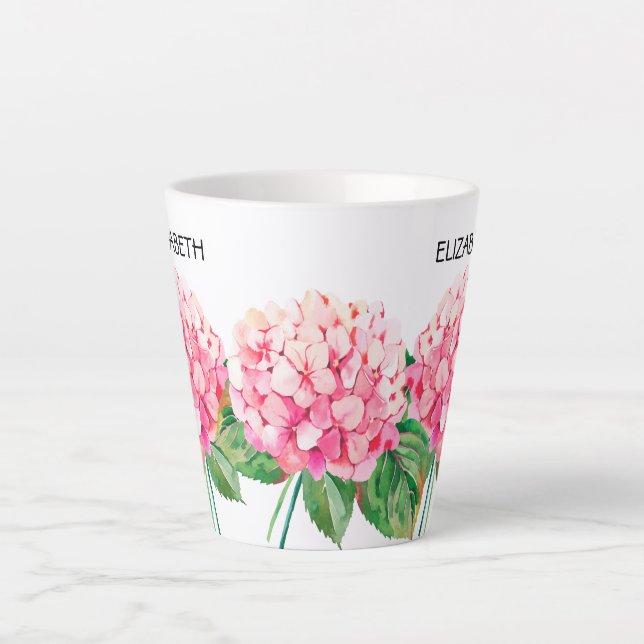 NAME and Watercolor Pink Hydrangea Floral Latte Mug (Front)