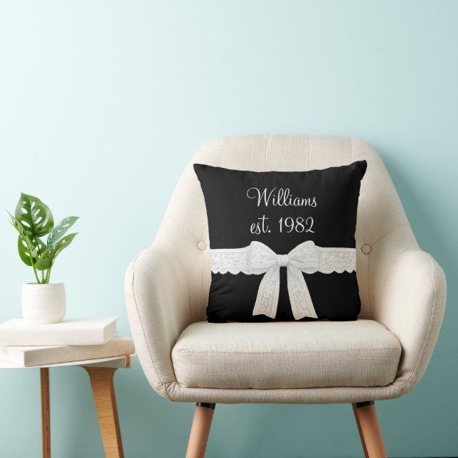 Name and Wedding Year with White Bow Throw Pillow (Chair)