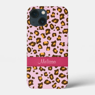 Name animal leopard print pink brown iPhone 13 mini case