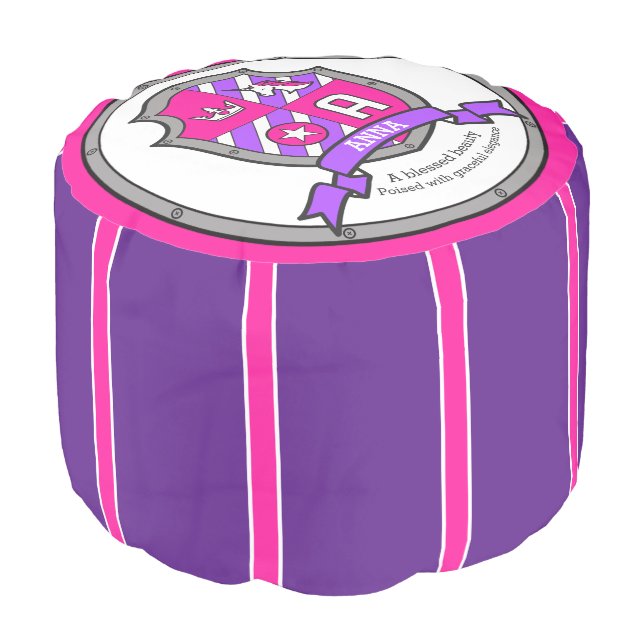 Name Anna letter A pink purple crest round pouf (Angled Front)