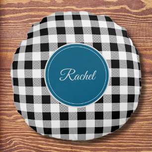 Name, Any Dark Color, Black White Buffalo Check Round Pillow
