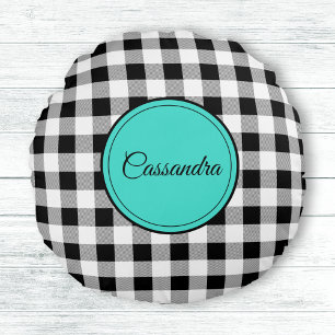 Name, Any Light Color, Black White Buffalo Check Round Pillow
