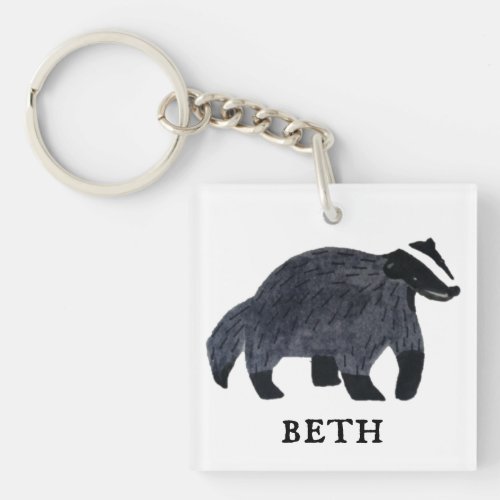 Name Artistic Woodland Cute Badger Keychain