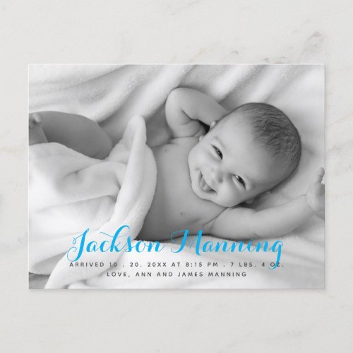 Name  Baby Boy Blue Script Photo Announcement Postcard