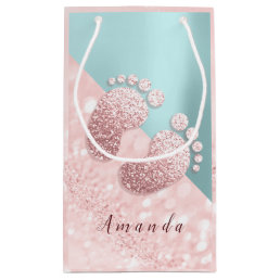 Name Baby Feet Rose Gold Baby Shower Pink Blue Small Gift Bag
