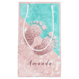 Name Baby Feet Rose Gold Baby Shower Pink Blue Small Gift Bag