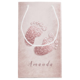 Name Baby Feet Rose Gold Baby Shower Pink Girl Small Gift Bag