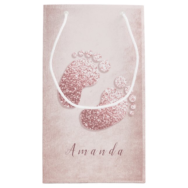 Name Baby Feet Rose Gold Baby Shower Pink Girl Small Gift Bag (Back)