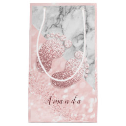 Name Baby Feet Rose Gold Baby Shower Pink Marble Small Gift Bag