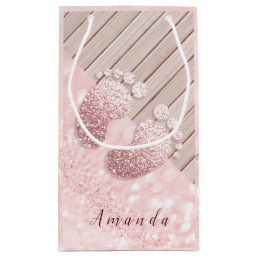 Name Baby Feet Rose Gold Baby Shower Pink Wood Small Gift Bag