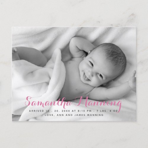 Name  Baby Girl Pink Script Photo Announcement Postcard