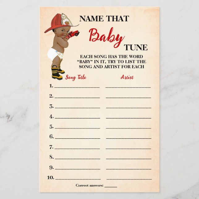 Name Baby Tune AA Fireman Baby Shower Game Card Flyer (Front)