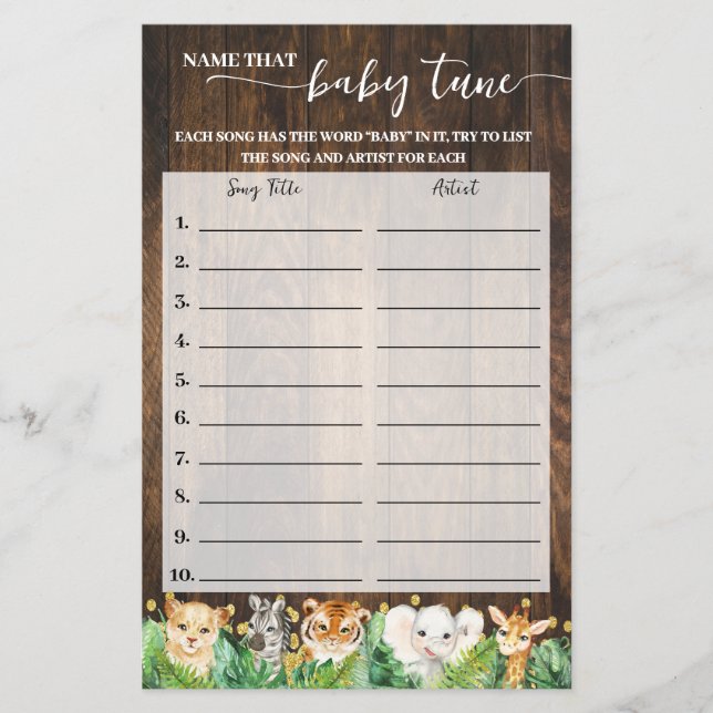 Name Baby Tune Safari Baby Shower Game Card Flyer (Front)