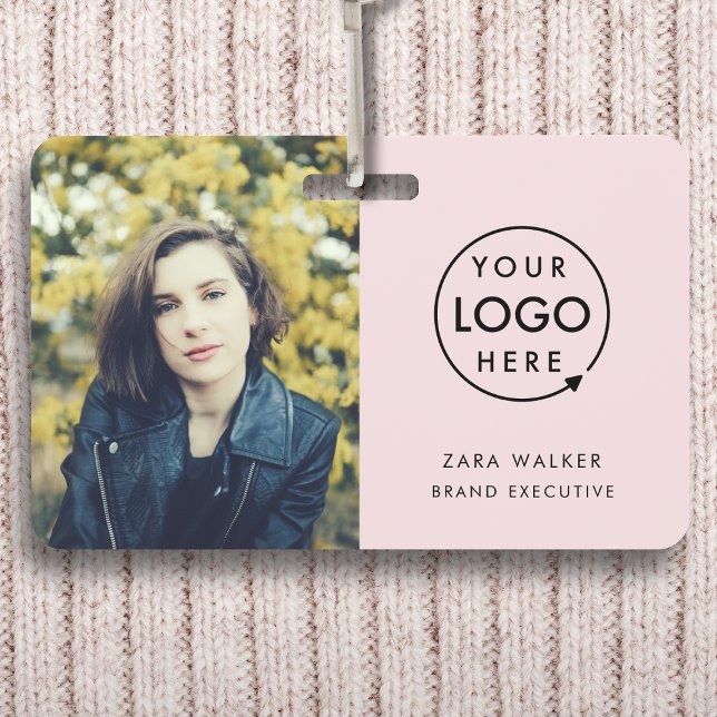 Name Badge Card | Custom Employee ID Badges (Feminine blush pink company branded staff ID badges for business events & employee identification.)
