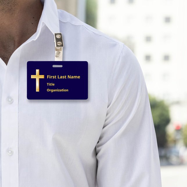 Name Badge with Christian Gold Cross  (Modern name badge with gold cross. Perfect for events & meetings. Customize text & attachment style.)