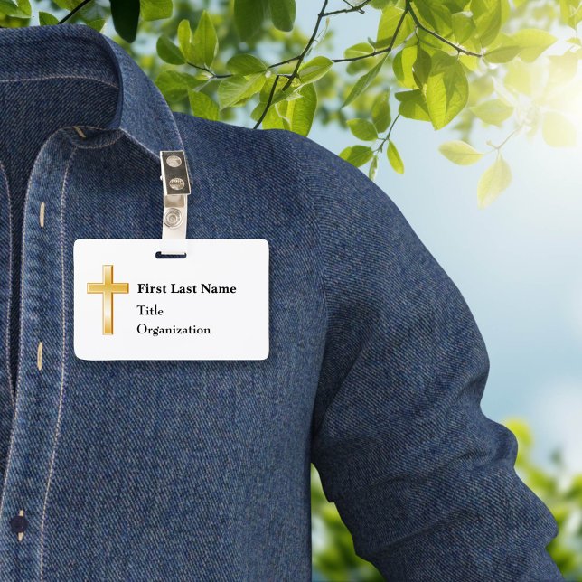 Name Badge with Christian Gold Cross  (Modern Christian name badge, customize for special events, meetings, and presentations.)