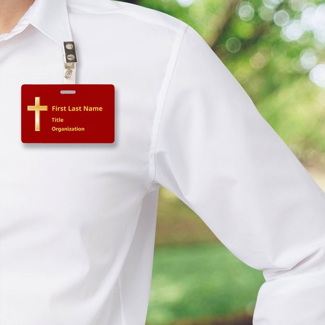 Name Badge with Christian Gold Cross  (Modern name badge with gold cross. Perfect for events & meetings. Customize text & attachment style.)