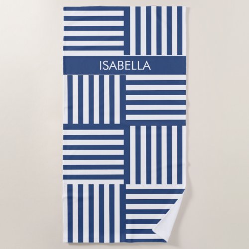 Name Beach Towel with Blue White Nautical Stripes