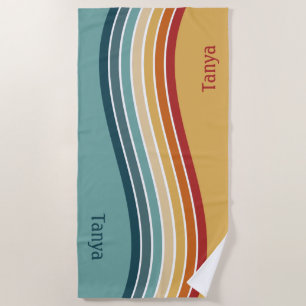 Name, Beach Wave Stripes, Mid Century Modern Color Beach Towel