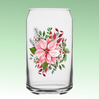 Name, Beautiful Pink Poinsettia Wreath 16oz Can Glass