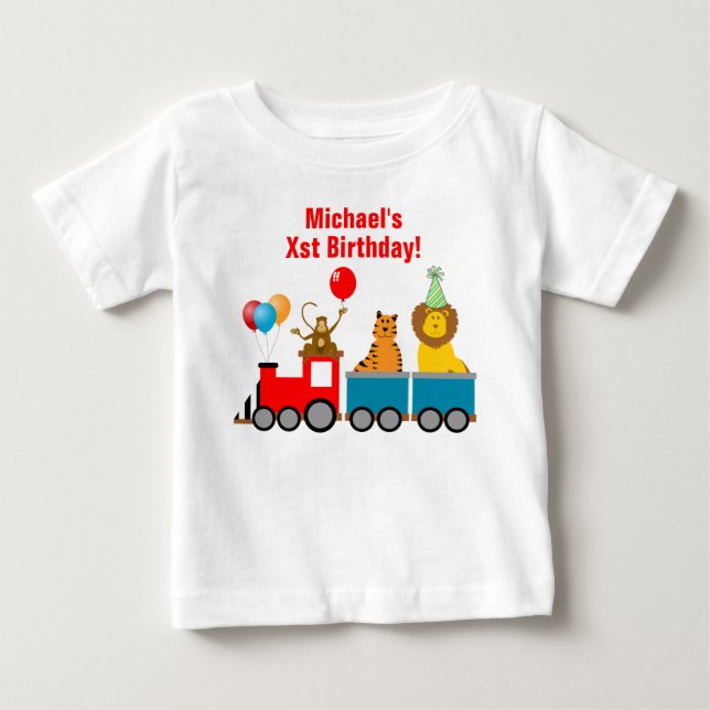 Name Birthday Boy Zoo Safari Animal Lion Train Baby T-Shirt (Front)