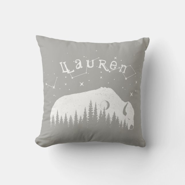 Name Bison Buffalo Gray White Stars Galaxy Moon Throw Pillow (Front)