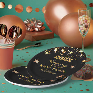 Name, Black and Gold Happy New Year 9-in Round Paper Plates