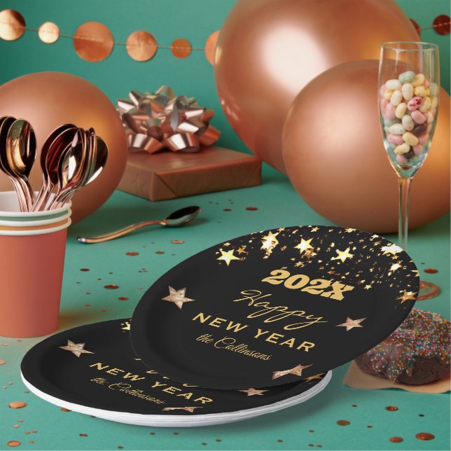 Name, Black and Gold Happy New Year 9-in Round Paper Plates (Multi)