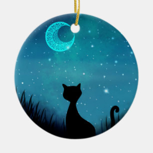 Name black cat starry night illustration ceramic ornament