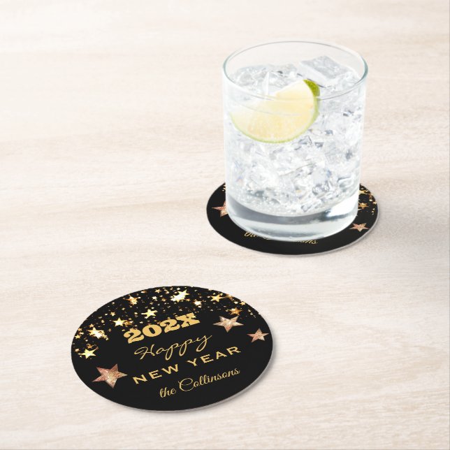 Name, Black & Gold Happy New Year Round Paper Coaster (Insitu)