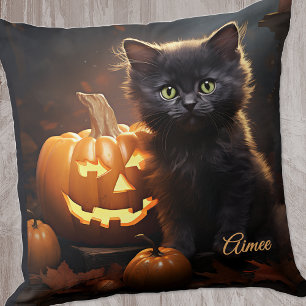 Name, Black Halloween Kitten 16x16 Square Throw Pillow