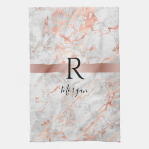 Name/Blk Monogram, White & Rose Gold Marble, Vs 2 Kitchen Towel