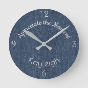 Name, Blue Denim Print, Positive Quote Round Clock