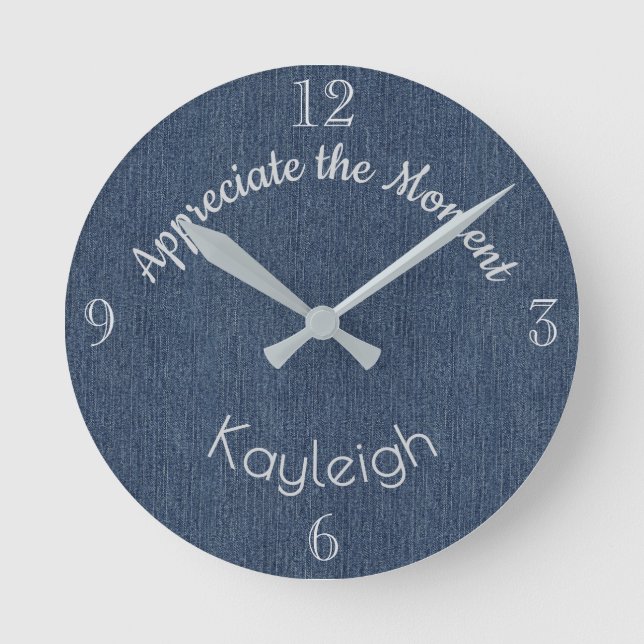 Name, Blue Denim Print, Positive Quote Round Clock (Front)