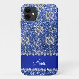 Name blue glitter silver anchors ships wheel iPhone 11 case