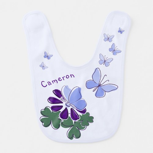 Name Blue Green Purple Doodle Blooms Butterflies Baby Bib