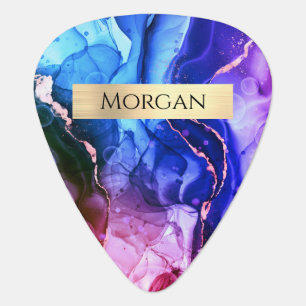 Name, Blue Purple Red-Violet Liquid Ink, Gold Bar Guitar Pick
