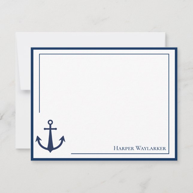 Name Blue White Anchor Symbol Pattern Note Card (Front)