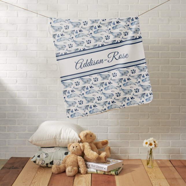 Name Blue White Whale Ocean Pattern Nursery Baby Blanket (In Situ)