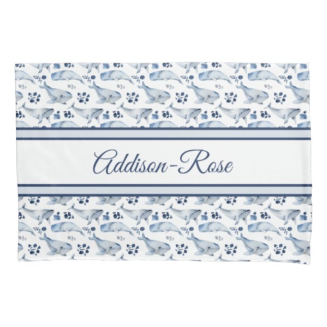 Name Blue White Whale Ocean Pattern Nursery Pillow Case (Front)