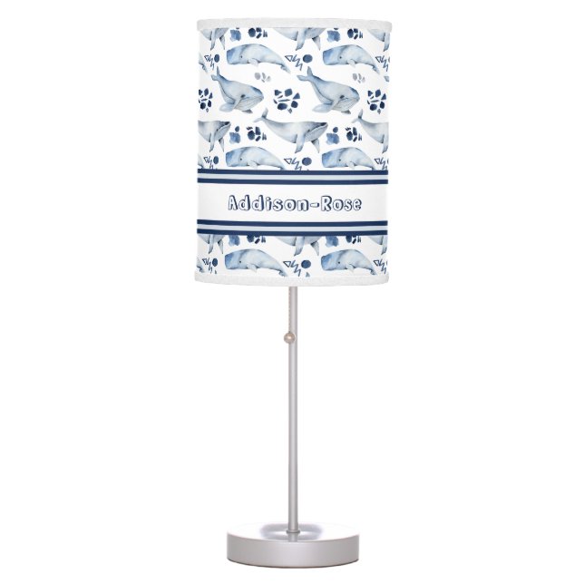 Name Blue White Whale Ocean Pattern Nursery Table Lamp (Front)