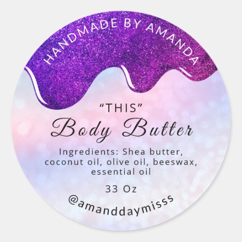 Name Body Butter Drips  Pink Holographic Glitter Classic Round Sticker
