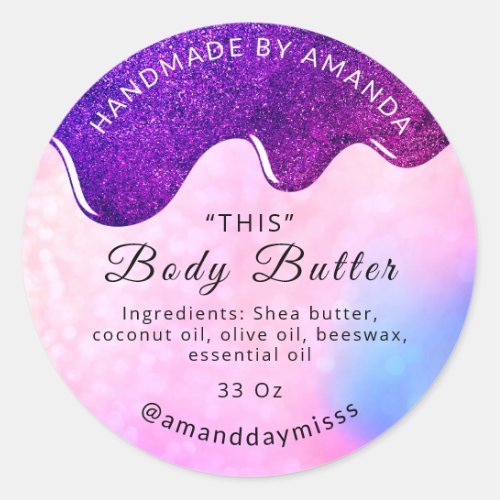 Name Body Butter Drips  Pink Holographic Liquid Classic Round Sticker