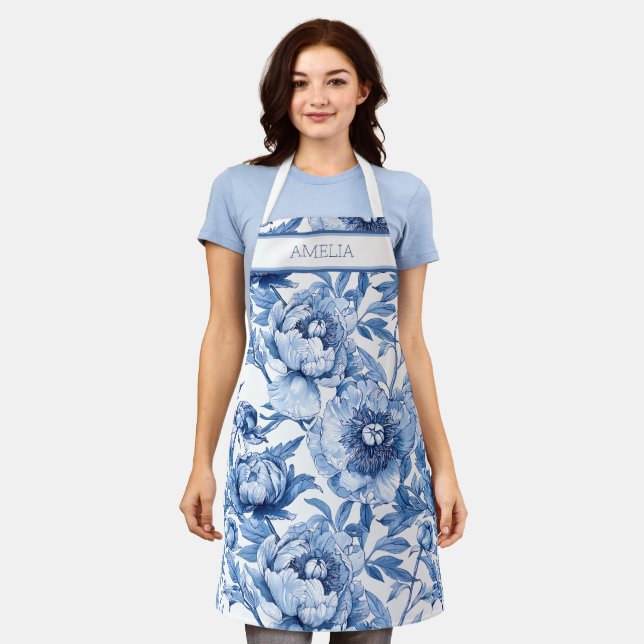 Name Botanical Blue Floral Art Nouveau Flower Apron (Worn)