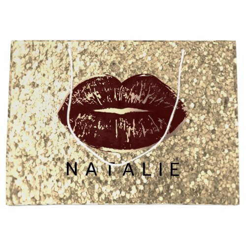 Name Bridal Brown Kiss Lips Glitter Champagne Gold Large Gift Bag