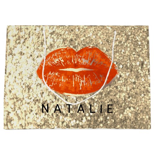 Name Bridal Coral Kiss Lips Glitter Champagne Gold Large Gift Bag