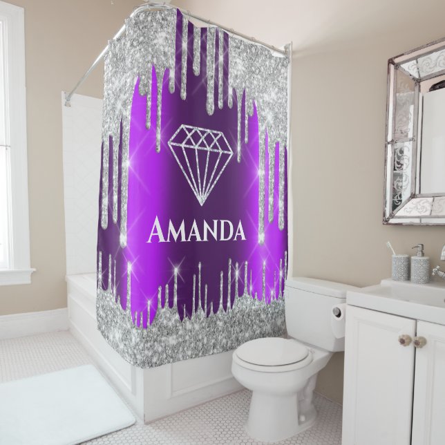 Name Bridal Glitter Drips Gray Purple Diamond Shower Curtain (In Situ)