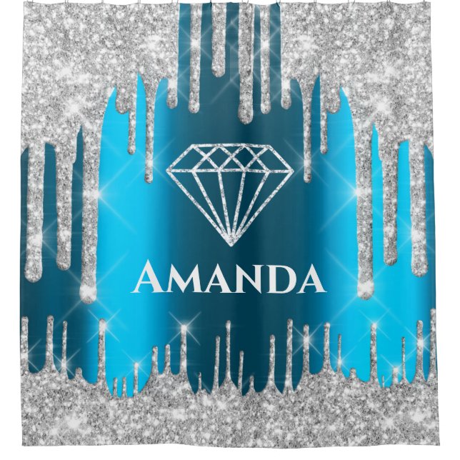 Name Bridal Glitter Drips Gray Teal Blue Diamond Shower Curtain (Front)